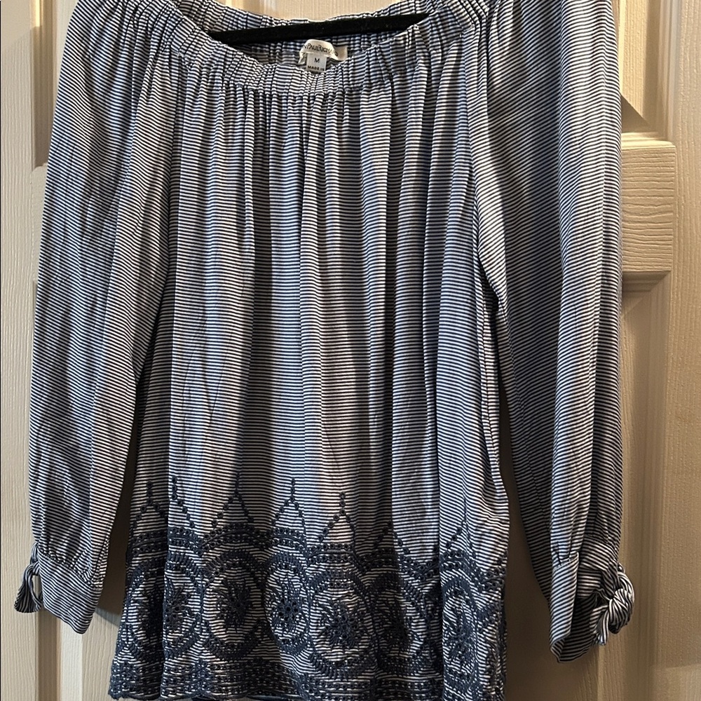 Striped Navy and White Embroidered Women's Top